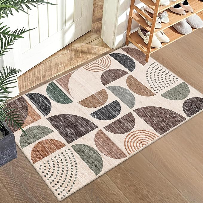 Small Rug Washable,2x3 Area Rugs Non Slip Modern Abstract | Machine Washable Throw Carpet for Entryway Bathroom Entry Entrance Bedroom Kitchen Boho Soft Low Pile Floor Indoor Brown