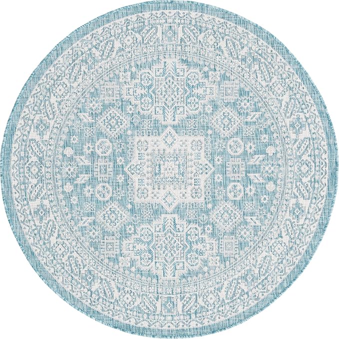 Unique Loom Outdoor Aztec Collection Area Rug - Chalca (5' 3" Round, Aqua/ Ivory)