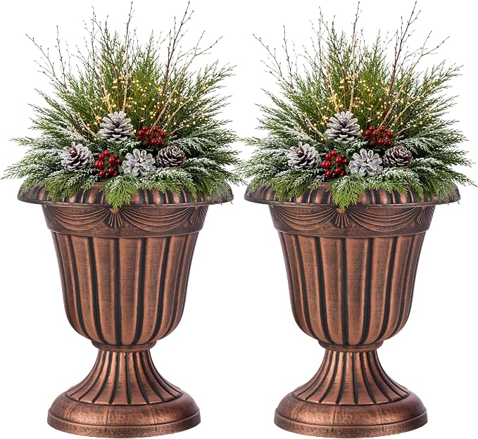 Outdoor Planter 2-Pack - 16x18-Inch Urn Planters for Front Porch Decor, Indoors, Patio or Entryway - Plastic Plant Pots - Large Decorative Flower Pots by Pure Garden (Rustic Bronze)