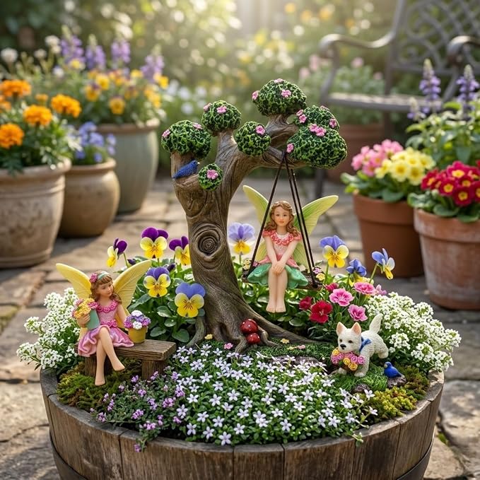 PRETMANNS Fairies for Fairy Garden Outdoor - Miniature Fairy Figurines Set with Tree Swing & Puppy - Indoor Outdoor Fairy Garden Accessories Kit - Starter Supplies for Fairy Village