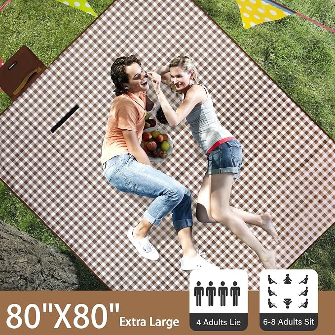 HX&OD Outdoor Picnic Blanket 80"X80" Picnic Mat Extra Large Camping Blanket Beach Blanket Foldable Waterproof Sand Mat Hiking Travel Family Concerts(Brown)