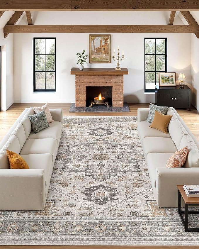 Washable Area Rug-12X15 Vintage Neutral Soft Taupe | Non Slip Thin Foldable Large Floor Carpet for Living Room Bedroom Kitchen Dining Room Home Office Farmhouse Indoor