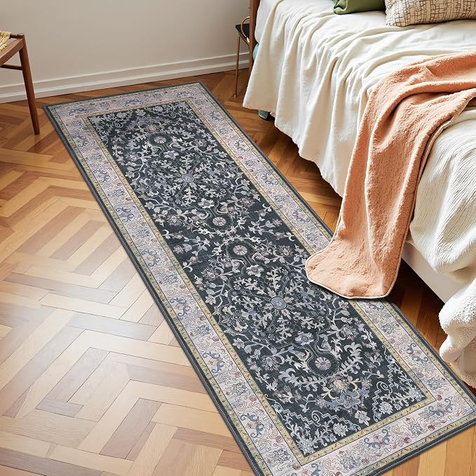 U'Artlines 2' x 6' Boho Hallway Runner Rug, Non Slip Runners, Dark Grey | Washable, Vintage Farmhouse Kitchen Rug, Accent Area Carpet, for Entryway Laundry and Living Room
