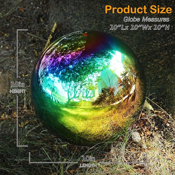 Suzile 2 Pieces Gazing Ball Hollow Gazing Mirror Ball Stainless Steel Garden Globe Gazing Globe Mirrored Surface Polished Ornament Sphere for Garden Outdoor Pool Yard Pond Lawn Home (Rainbow,10 Inch)