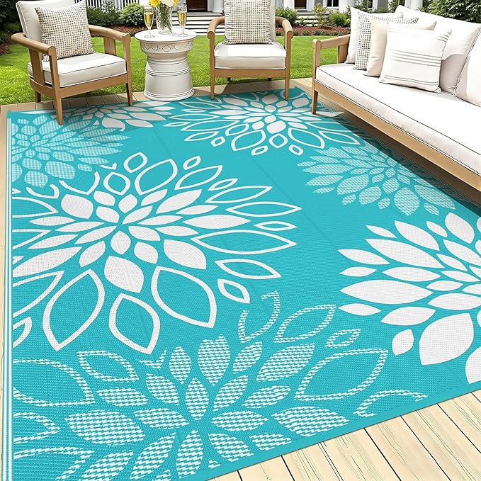 HEBE Waterproof Outdoor Rug 9x12 for Patios, Floral Reversible Plastic Straw Rug Patio Mat, Indoor Outdoor Carpet RV Mat Camping Rug for Deck, Camper, Porch, Balcony, Backyard, Picnic
