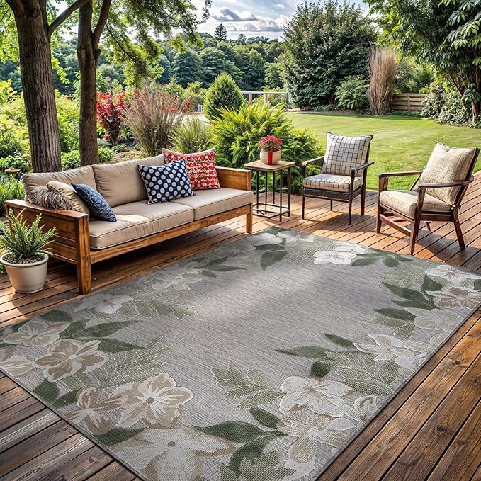 Outdoor Rug 6x9 Washable Area Rugs Indoor Outdoor Carpets Green Border Floral Non Shedding Waterproof Easy Clean Patio Deck Porch Living Room Bedroom Garden RV (6 X 9 Green)