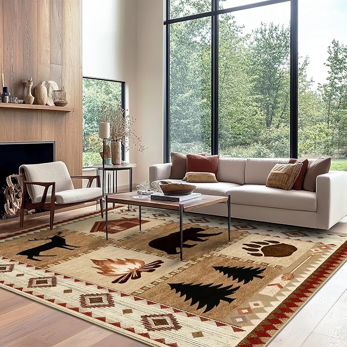 8x10 Cabin Bear Rustic Area Rug for Living Room Lodge Deer Wildlife Large Rug Country Farmhouse Westen Machine Washable Non-Slip Printed Low-Pile Indoor Carpet for Bedroom Dining Room Office
