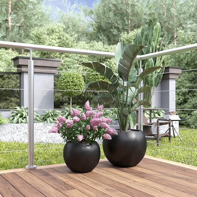 DTY Premium Mt Sherman Fiberstone Sphere Planter for Indoor Outdoor Use, Round Pot for Olive Tree, Lightweight, Smooth Finishes. 2 Extra Coco Mats. Black, Large 21.1'' D x 16.7'' H. 14.6” Pot Opening