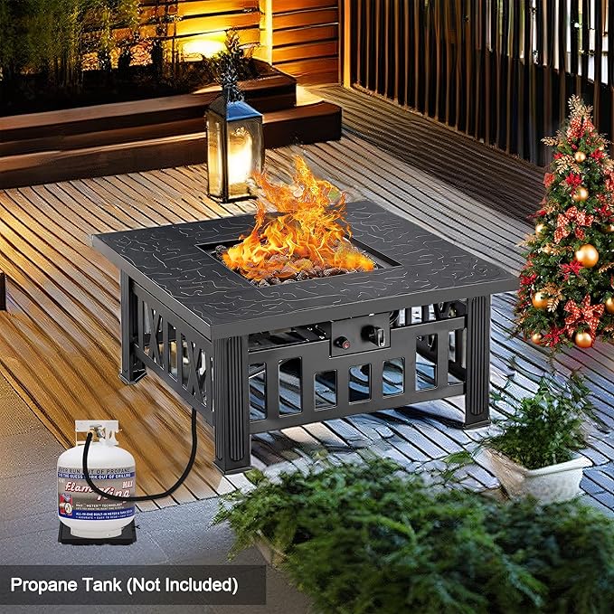 VECELO Propane Fire Pit, 30 Inch Outdoor Gas Fire Table, 50,000 BTU Square Firepit with Lid and Lava Rock, Adjustable Flame Steel Fire Table for Outdoor, Patio, Backyard, Party, Black
