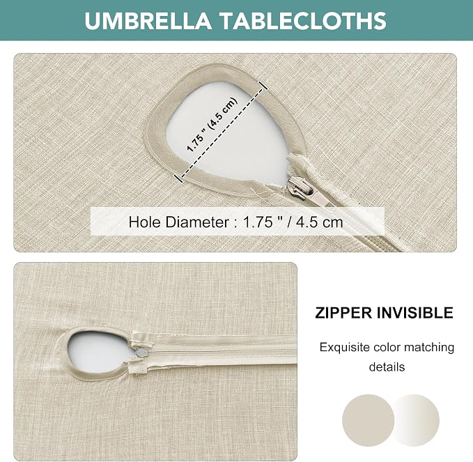 LUSHVIDA Outdoor Tablecloth with Umbrella Hole - Patio Table Cloth Zippered Rectangle 60x102 Inch, Beige Linen-Look Polyester Table Cover Water Resistant for Picnic Outside