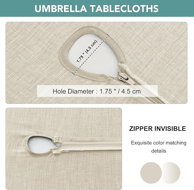 LUSHVIDA Outdoor Tablecloth with Umbrella Hole - Patio Table Cloth Zippered Rectangle 52x70 Inch, Beige Linen-Look Polyester Table Cover Water Resistant for Picnic Outside