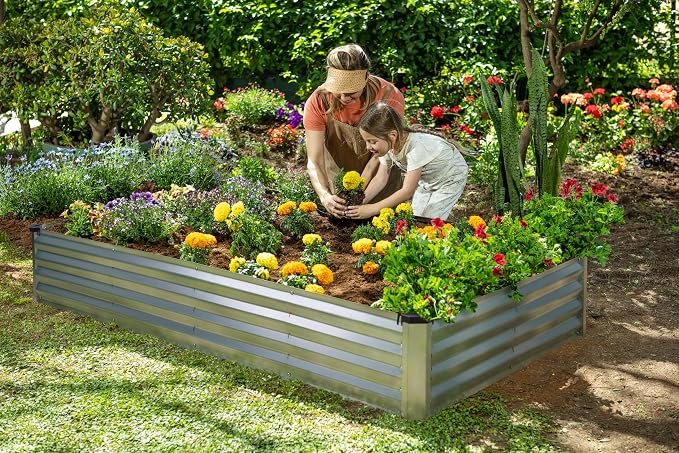 Plant & Plot Galvanized Raised Garden Beds Outdoor // 6×3×1 ft Planter Raised Beds for Gardening, Vegetables, Flowers // Large Metal Garden Box (Silver) // Patented Tool-Free Design