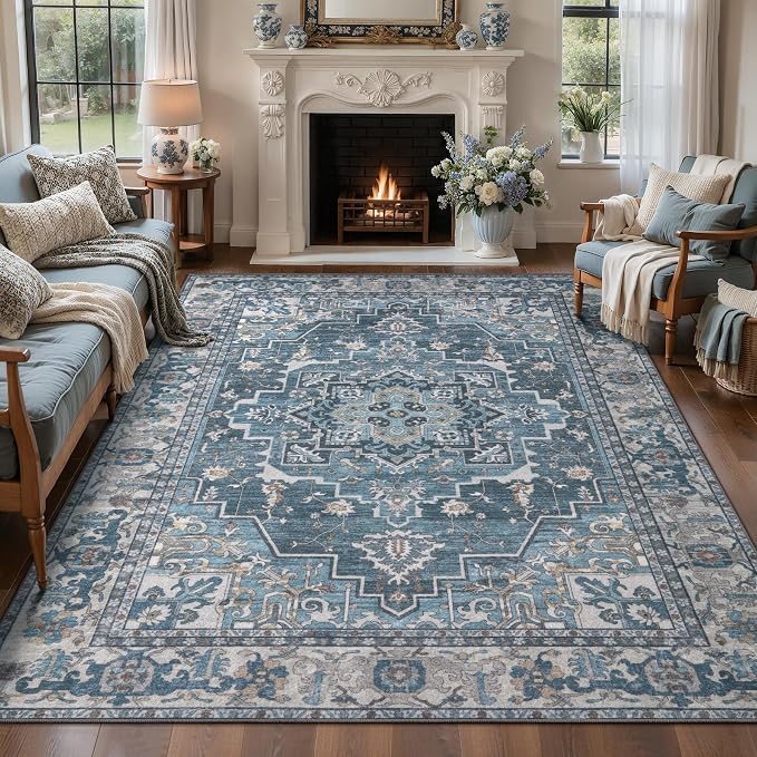 Tangsoo Vintage 5x7 Washable Area Rugs for Living Room, Indoor Non Slip Rug | Boho Indoor Large Area Rugs,Farmhouse Print Carpet, Oriental Soft Low Pile Floor Rugs for Bedroom Dining Room Blue Home Decor