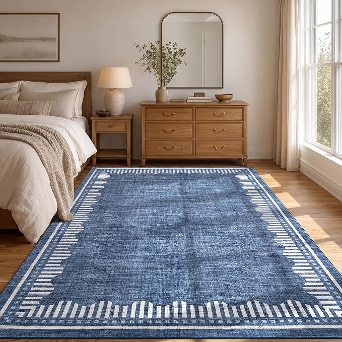 Garvee 4x6 Scalloped Area Rugs Living Room Bedroom Washable Neutral Rug | Modern Gometric Blue Solid Color Nursery Rugs Low Pile Stain Resistant Non Slip Kitchen Entry Home Office Throw Carpet
