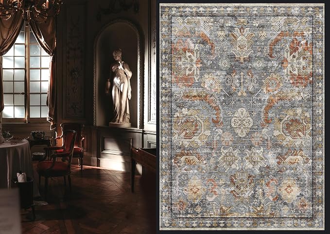 Washable Area Rugs - Perfect for Living Room, Bedroom, Kids Room, Nursery - Stain & Water Resistant Non-Slip, Pet & Child Friendly, Vintage Tribal Area Rugs (Turmeric and Grey, 9' x 12')