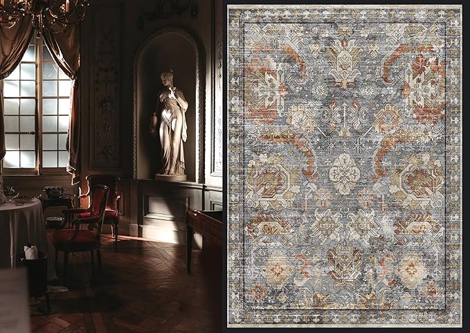 Washable Area Rugs - Perfect for Living Room, Bedroom, Kids Room, Nursery - Stain & Water Resistant Non-Slip, Pet & Child Friendly, Vintage Tribal Area Rugs (Turmeric and Grey, 4' x 6')