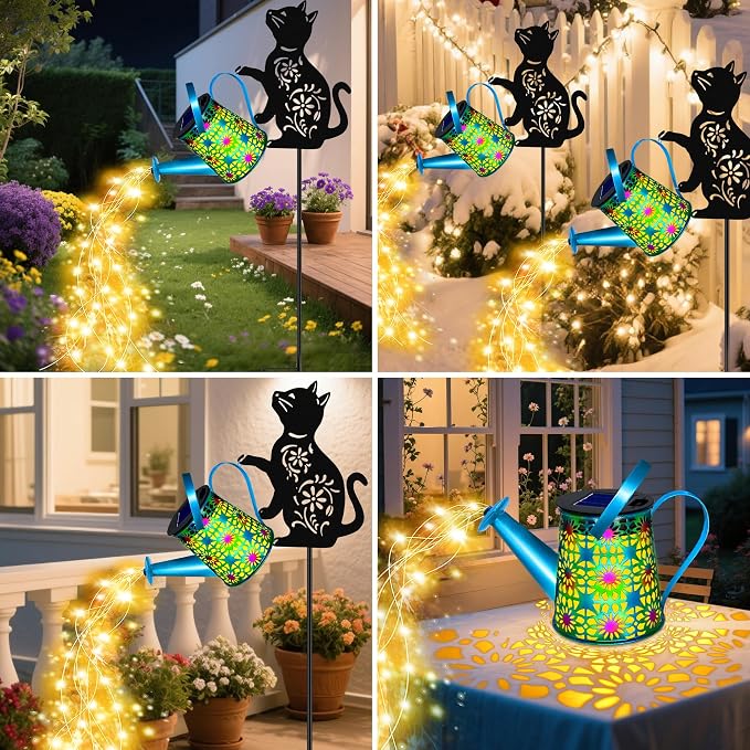 Black Cat Solar Watering Can Lights, Birthday Gifts for Women Mom Christmas Mother's Day, Yard Decorations Outdoor Waterproof, Blue Metal Hanging Lantern, Solar Lights Garden Decor Patio Pathway