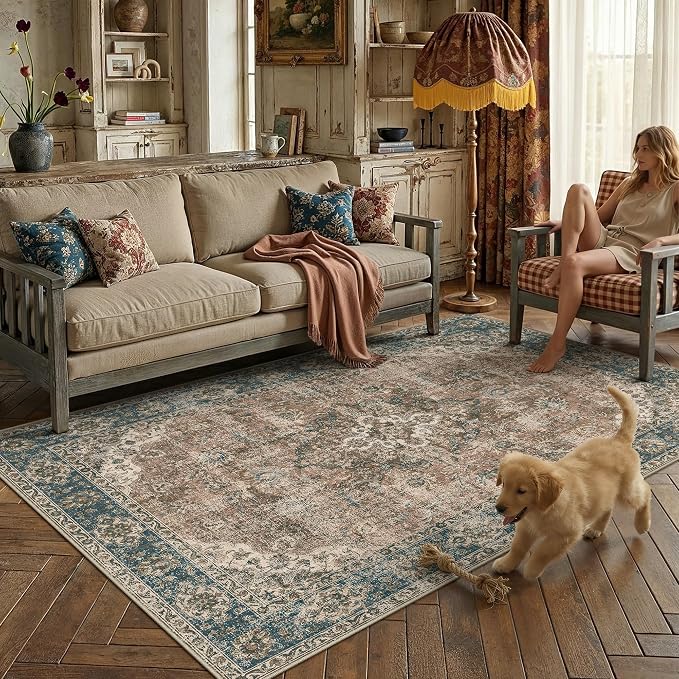 HUGEAR Area Rug 5x7 Machine Washable Living Room Rugs Blue Brown Distressed Vintage Floral Low Pile Carpet Bedroom Office Dining Room Laundry Room Non Slip Soft Lightweight