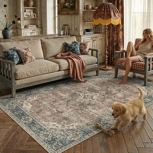 HUGEAR Area Rug 5x7 Machine Washable Living Room Rugs Blue Brown Distressed Vintage Floral Low Pile Carpet Bedroom Office Dining Room Laundry Room Non Slip Soft Lightweight