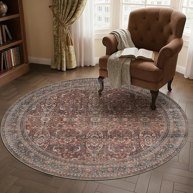5ft Round Brick Red Vintage Distressed Washable Rug for Living Room | Low Pile, Non Slip, Retro Style, Soft Distressed Round Rug for Living Room, Bedroom, Dining Room, Home Decor