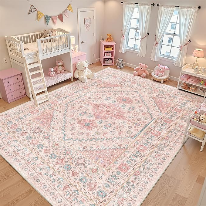 Pink Rugs for Bedroom-8x10 Area Rugs for Living Room,Girls Room | Washable Rugs for Nursery,Dining Room,Office,Low Pile,Soft, Vintage Rug,Stain Resistant Indoor Carpet,Non Slip,Home Decor