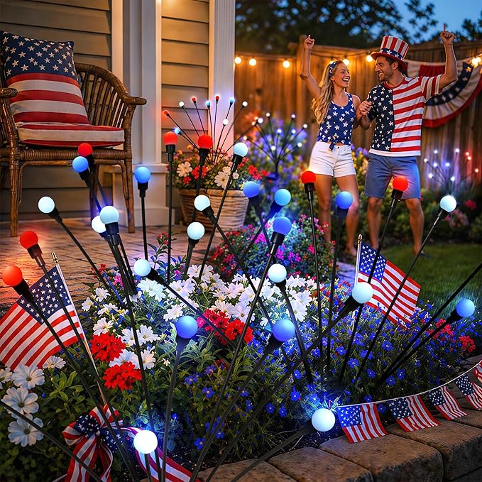 4th of July Outdoor Decorations, Red White Blue Lights Solar Firefly Lights, Patriotic Outdoor Decor for Independence Day, Fourth of July Decor for Garden Yard (4 Pack,Red, White, Blue)