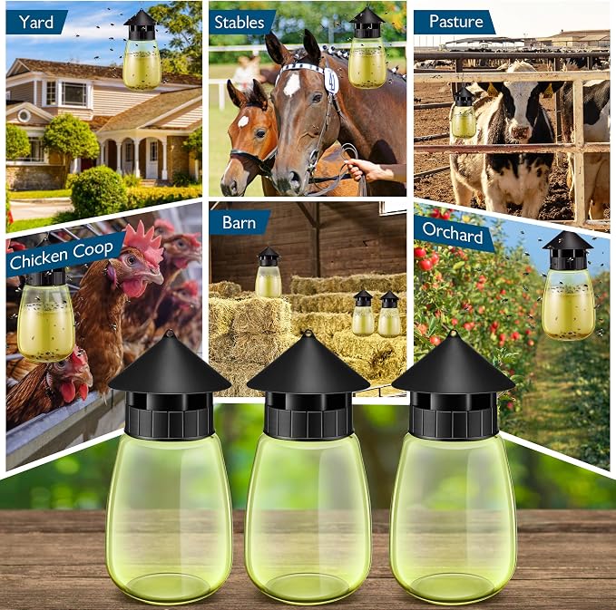 Qualirey Reusable Outdoor Hanging Fly Trap Bottles with Bait Refill, Non Toxic Flies Trap Jar, Fly Catcher Killer Flying Control for Outside Farms, Stables, Barns, Garden, Patio (3 Pack,Design)