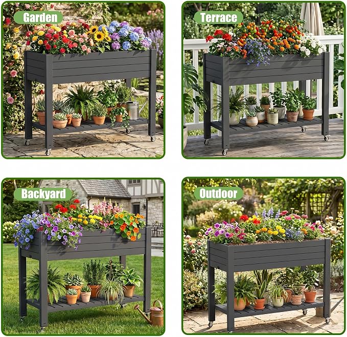 EFU Raised Garden Beds Outdoor, with Wheels for Mobility, Extra Storage Shelf, Water Level Monitoring, 21 Gallon Planter Raised Beds for Vegetables, Herbs, Fruits, Backyard, Patio, Balcony (Black)