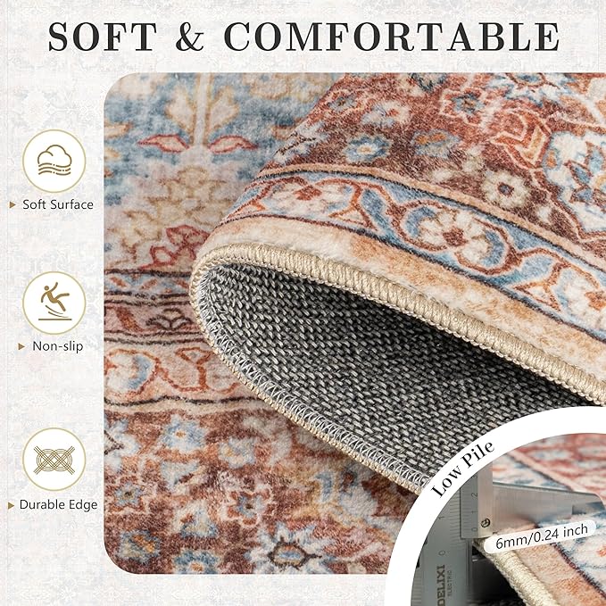 8x10 Area Rugs for Living Room - Washable Vintage Retro Large Rug, Soft Ultra Thin Non Slip Low Pile Traditional Distressed Boho Carpet for Bedroom Dining Room Home Office, Rust Clay