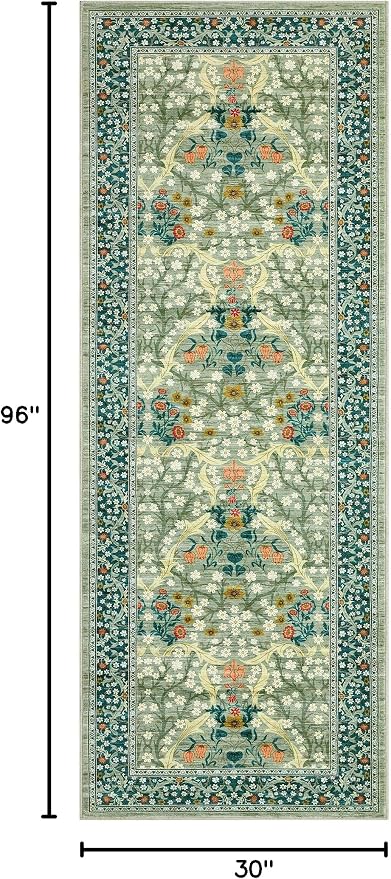 GarveeHome Floral Hallway Runner Rug, 2.5x8 Kitchen Runner Rugs, Washable Non Slip Entryway Rugs Indoor, Ultra-Thin Stain Resistant Carpet Floor Mat for Laundry Room, Sage Green