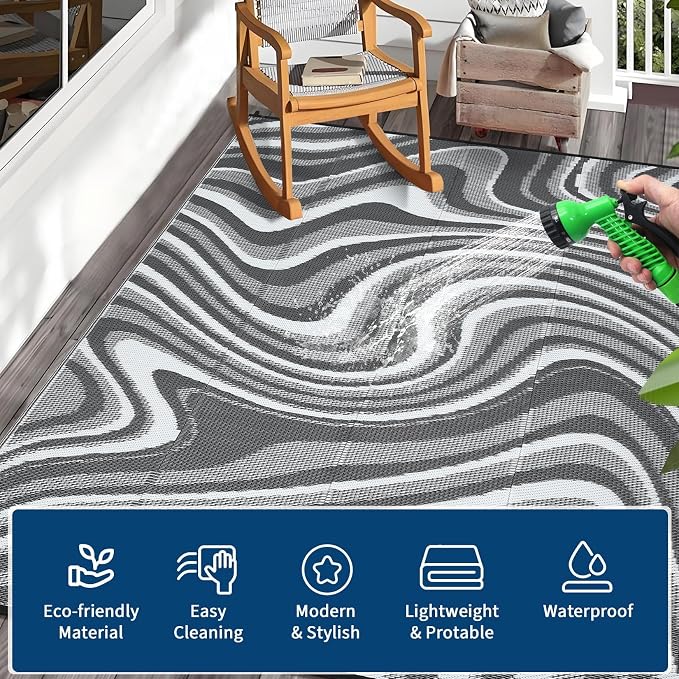 Garvee 5x8 Outdoor Rug Waterproof Modern Plastic Straw Rugs, Camping Rugs for Outside Your RV, Abstract Reversible UV Resistant Rug with Portable Bag for Backyard, Deck, Camper, Black Grey