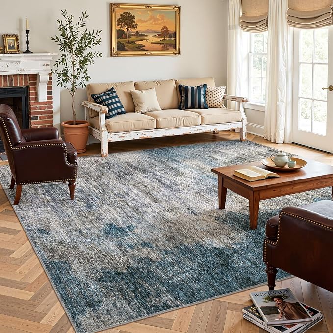 DMOYEST 8x10 Area Rug for Living Room Washable Abstract Indoor Carpet | Neutral Modern Low Pile Rugs Kid & Pet Friendly Large Soft Thin Carpet for Bedroom Dining Room - Dark Grey Blue