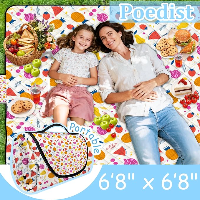 Poedist Extra Large Picnic Blanket Waterproof,80"x 80"Foldable Machine Washable Beach Blanket,Outdoor Blanket for 6-8 Adults,Suitable for Indoor Crawling,Park Beach,Camping,Hiking,Family Travel(Fruit