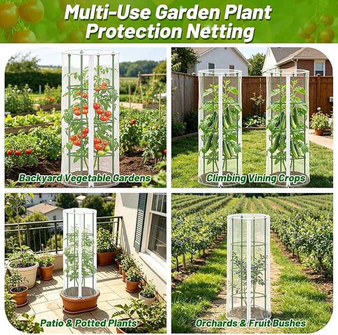 3 Pcs Garden Tomato Plant Cover Netting, Fits 15" x 55" Tall Round Tomato Cage, with Zipper & Drawstring, Garden Bird Netting for Vertical Climbing Vegetables and Fruits (No cage)