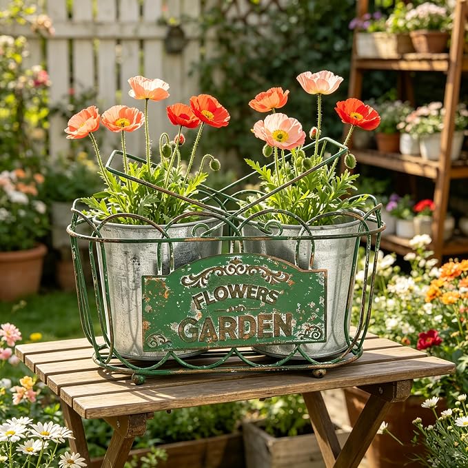 Vintage 2-Piece Metal Planter Set, Distressed Green Iron Wire Basket with Flowers Garden Sign, Rustic Farmhouse Plant Pots for Tabletop, Window Sill & Balcony Decor (Green)