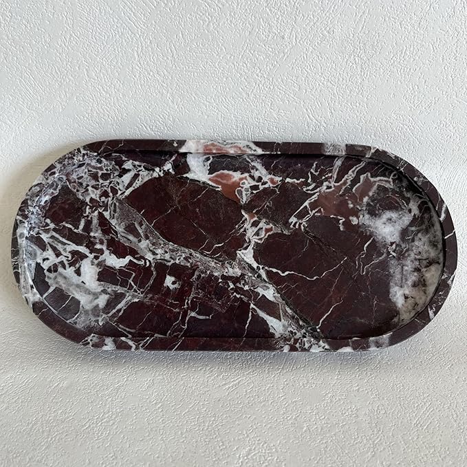 Natural Marble Oval Tray Ornaments Vintage Small Tray Storage Dish for Counter, Vanity, Dresser, Nightstand and Desk (Rosa Levanto)