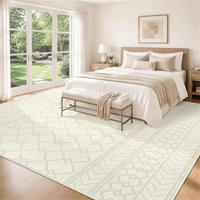 9x12 Area Rug For Living Room, Washable Beige Rugs Non Slip Low Pile | Neutral Large Soft Rug，Modern Geometric Carpet For Bedroom Dining Room Home Office Decor rug