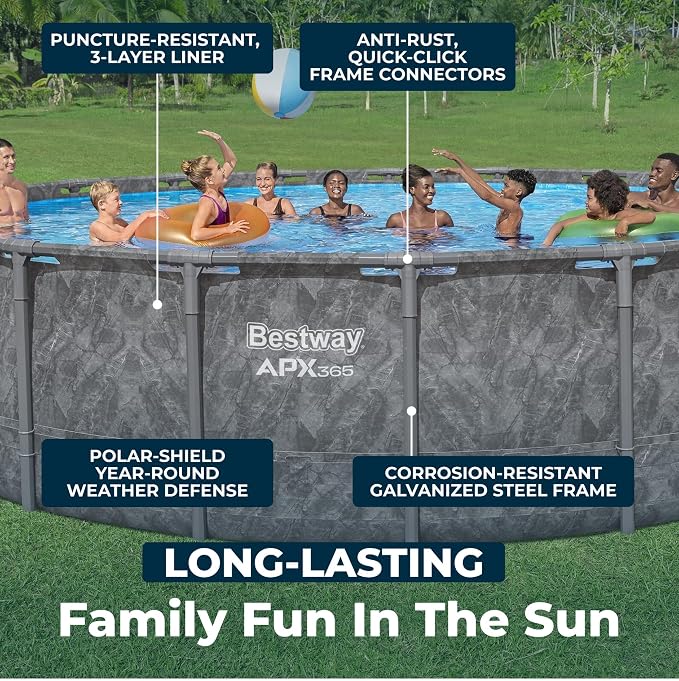 Bestway APX 365 22' x 52" Above Ground Pool Set with Sand Filter Pump | Long-Lasting All-Season Swimming Pool with Galvanized Steel Frame - Ladder, Cover, and Polysphere Filtration Balls Included