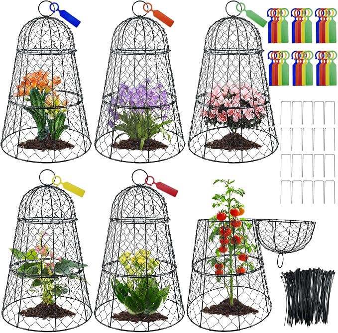 6 PCS 17.7"H X 11.42"D Garden Cloches,Chicken Wire Plant Covers Protectors Modular Design for Customizable Protection,Rust-Proof Heavy Duty Metal Plant Cage for Seedlings Flowers Protect from Animals