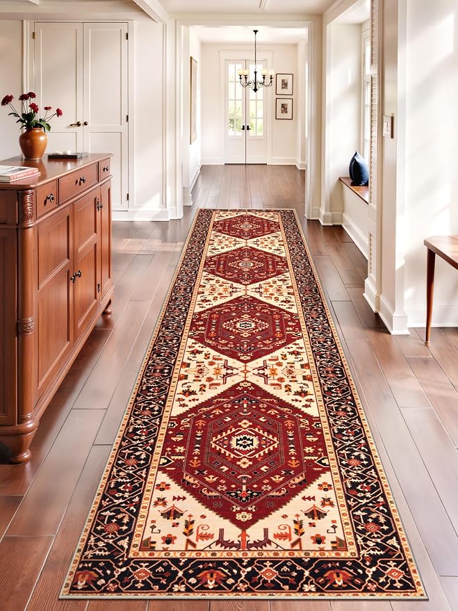 SERISSA 2'6"x12' Washable Non Slip Boho Runner Rug for Hallway，Red Black | Ultra Soft Vintage Oriental Carpet Low-Pile Tribal Floor Carpet for Kitchen Bedroom Entryway Bathroom Laundry Room