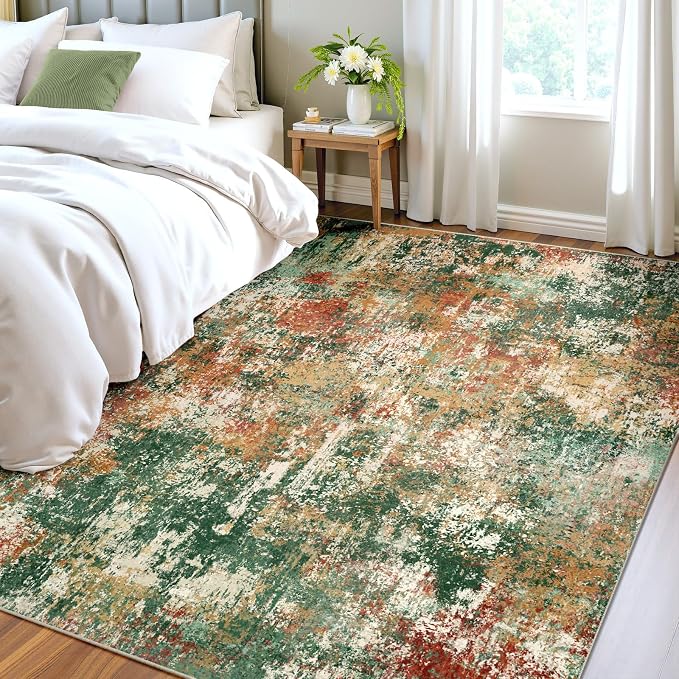 RELEANY Washable 4'x6' Abstract Area Rug for Living Room Green Multi | Carpet for Bedroom, Kitchen, Office, Hallway and Entryway, Printed Pattern, Non‑Slip, Soft, Stain‑Resistant, Easy to Clean