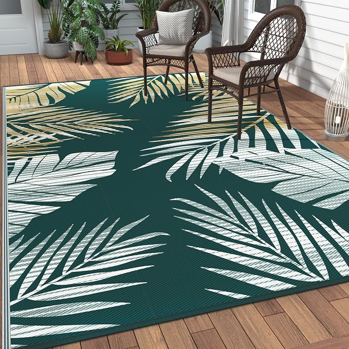 GENIMO Outdoor Rug 6' x 9' Waterproof for Patios Clearance, Reversible Outdoor Plastic Straw Camping Rug Carpet, Large Area Rugs Mats for RV, Deck, Balcony, Porch, Beach, Picnic, Cucumber Yellow&Green