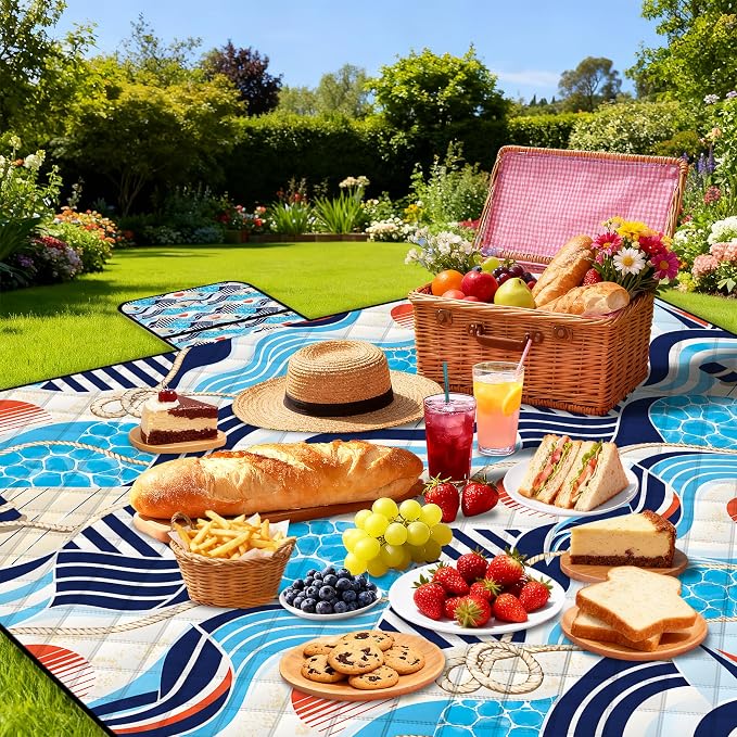 Extra Large Picnic Blanket Waterproof,80"x 80"Foldable Machine Washable Outdoor Blanket,Blue Beach Blanket for 6-8 Adults,Picnic Mat Suitable for Indoor Crawling,Park Beach,Camping,Hiking,Travel