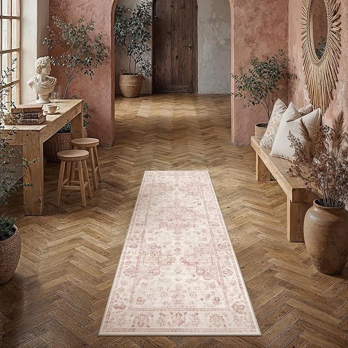 2x5 Pink Neutral Runner Rug | Washable, Non Slip, Soft Low Pile, Vintage Farmhouse, for Hallway Kitchen Laundry Bathroom Bedroom Living Room Home Decor