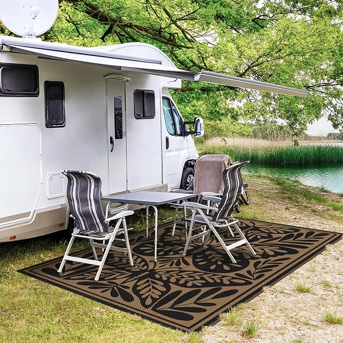 GENIMO Outdoor Rug 6' x 9' Waterproof for Patio Clearance, Reversible Plastic Straw Camping Mat, Lightweight Carpet for Rv, Camper, Deck, Porch, Picnic, Balcony, Beach, Jet Black & Brown