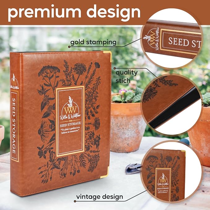 Create-ables Willow and Wildflower Garden Seed Organizer Binder, Seed Storage Organizer, Garden Binder Book for Packet Storage Catalog Can Store 120 Packets with Dibber and Widger (Classic Brown)