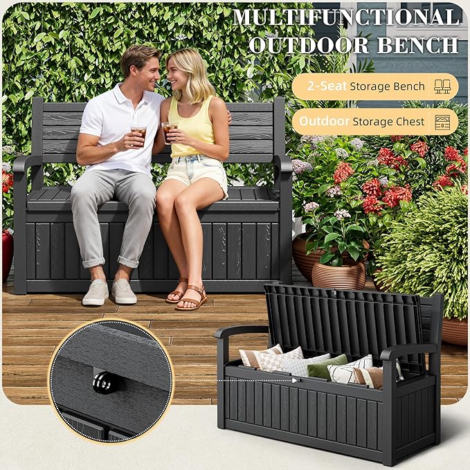 80 Gallon Outdoor Storage Box,Resin Stripes Deck Box Doubles as 2-Person Bench Seat,Waterproof Storage Outdoor Porch Bench for Cushions,Garden Tools and Pool Supplies Black