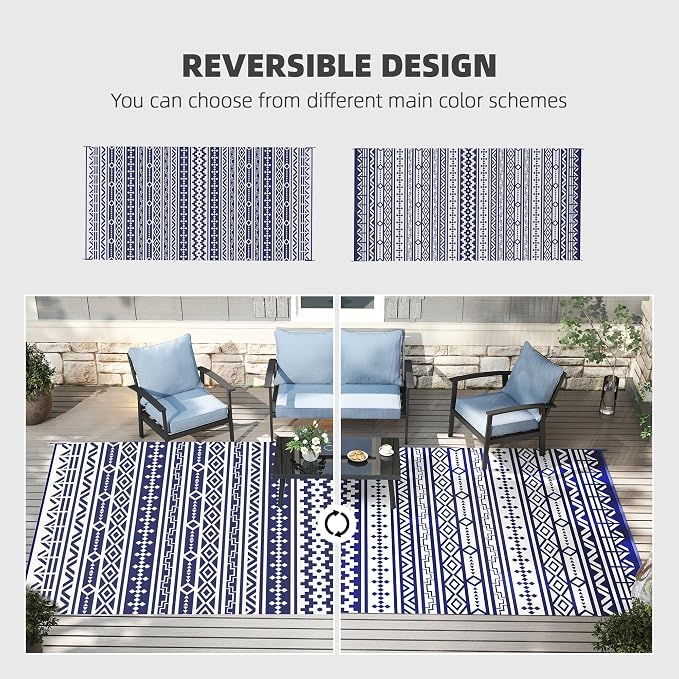 Outsunny Outdoor Rug for Patio, 9' x 18' Waterproof Large Mat, Reversible Plastic Straw Rug for Decor, Portable Outside RV Camping Area Carpet Mat for Backyard Porch Deck Picnic, Blue White Geometric
