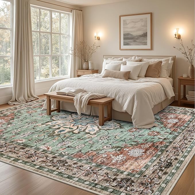 8x10 Area Rugs Living Room: Washable Rug for Bedroom Brown Green | Boho No Slip Stain Resistant Rug Soft Indoor Decor Floor Floral Area Rugs for Dining Room, Nursery, Hallway, Home Office