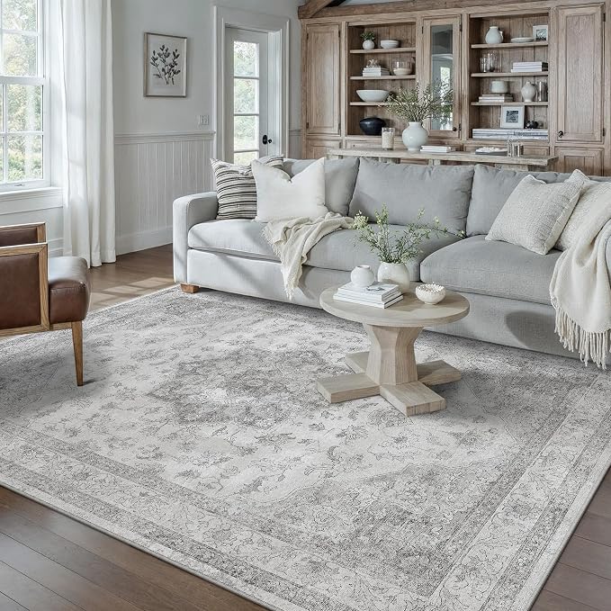 Grey 5x7 Washable Area Rug Living Room Vintage Oriental Carpet | Soft Low Pile, Non Slip, Stain Resistant, Floral Medallion, Neutral Retro Decor for Bedroom, Dining Room, Kids Room, Office